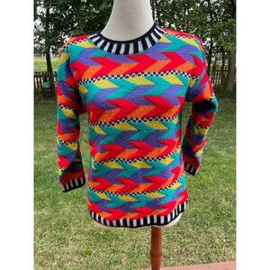Vintage 80's Multicolor Geometric Pattern Sweater Rapper Fortune Knits Inc.
